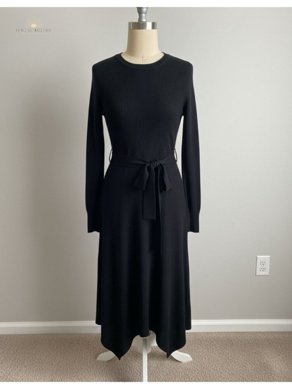 Long Sleeve Sweater Dress Midi A-Line Self-Tie Waist Wedding Guest
